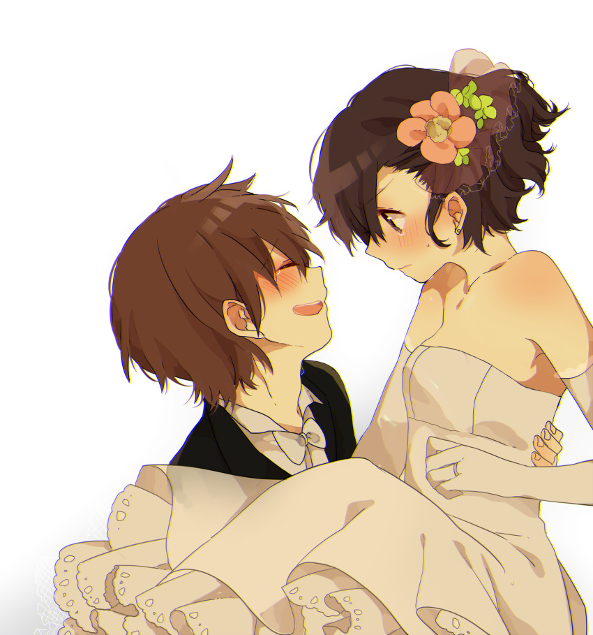 1boy, 1girl, bare_shoulders, black_hair, blush, brown_hair, carrying, closed_eyes