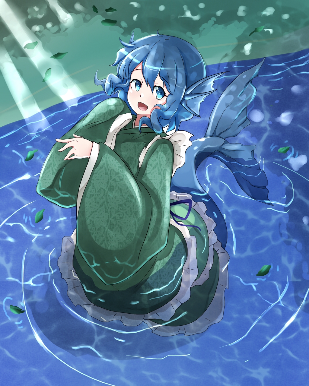 1girl, :d, blue_eyes, blue_hair, frilled_kimono, frills, head_fins, highres