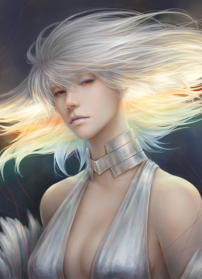 1girl, bare_shoulders, breasts, choker, dress, eyeshadow, halterneck, jason_peng