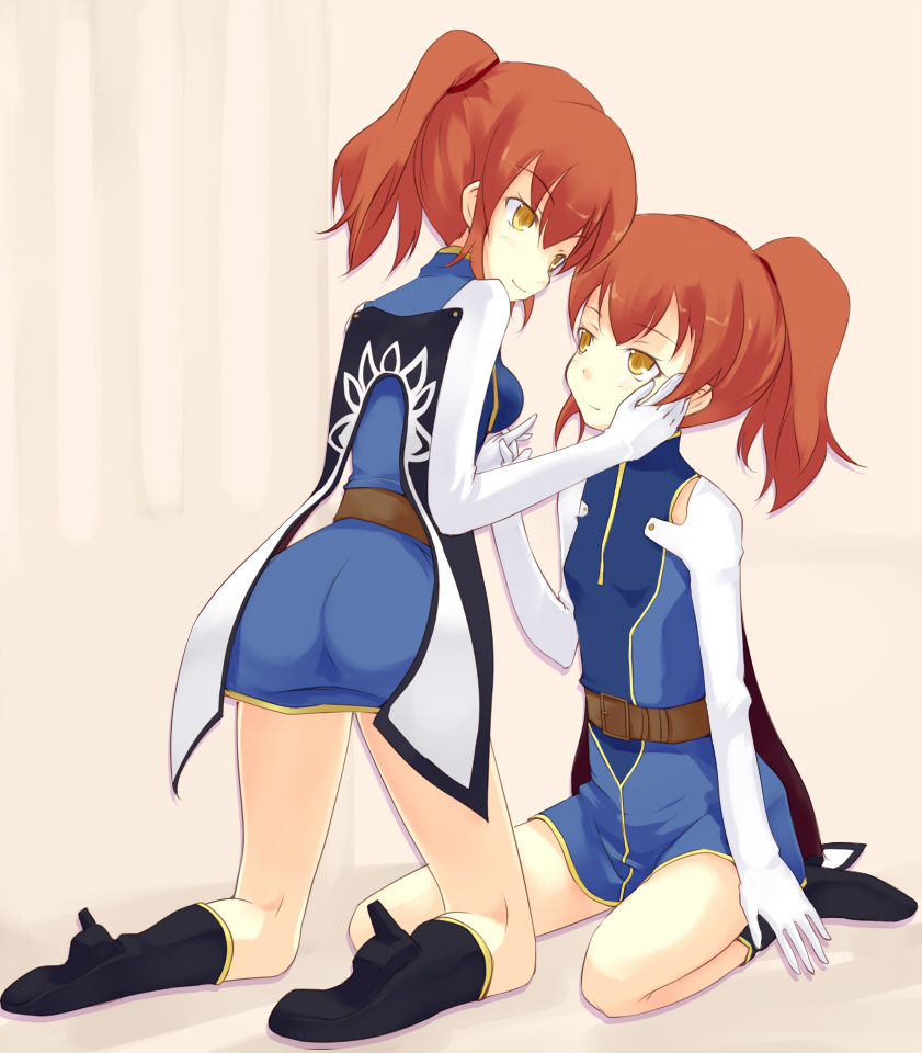 2girls, ass, chastel_aiheap, flat_chest, gloves, high_heels, hisuka_aiheap, medium_breasts