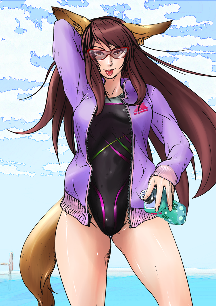 1girl, animal_ears, blush, bottle, breasts, brown_eyes, brown_hair, fukiishi_ayako