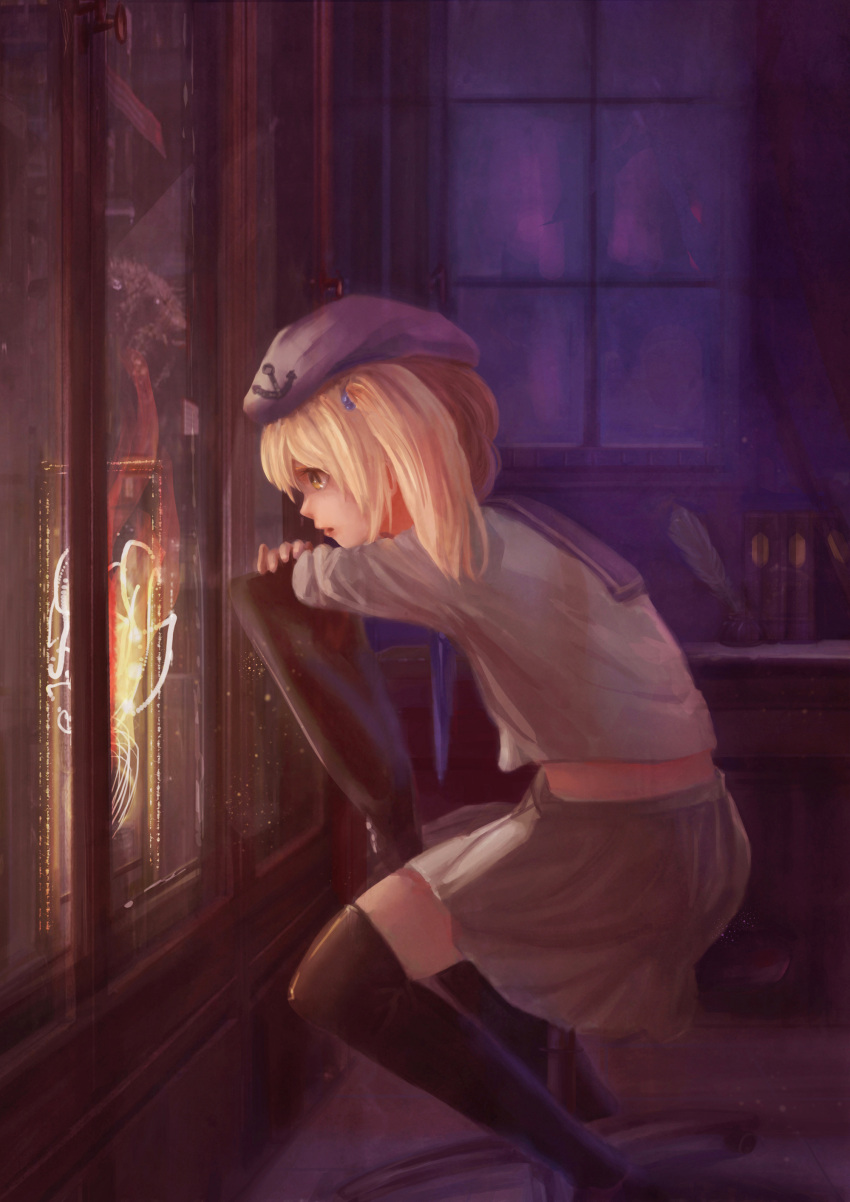 1girl, absurdres, black_legwear, blonde_hair, book, case, chair, crossed_arms