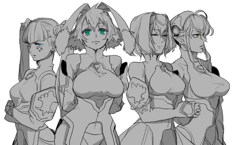4girls, dominia_yizkor, g-elements, kelvena, monochrome, multiple_girls, seraphita, tolone