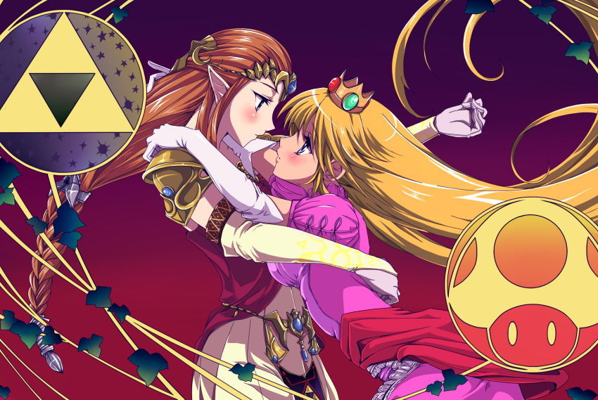 2girls, blonde_hair, blue_eyes, blush, crossover, crown, dress, gloves