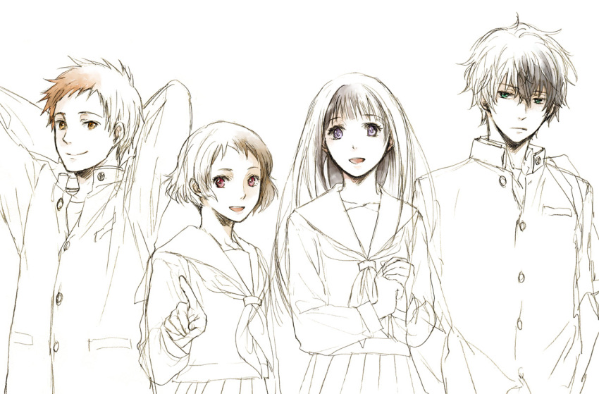 2boys, 2girls, acaco, chitanda_eru, fukube_satoshi, gakuran, hyouka, ibara_mayaka