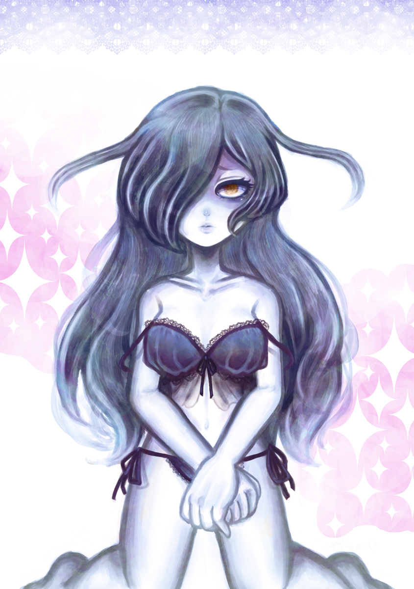 1girl, barefoot, bra, despina_rakusu, double_strap_slip, hair_over_one_eye, highres, inazuma_eleven_(series), inazuma_eleven_go, inazuma_eleven_go_galaxy, kneeling, lips, long_hair, looking_at_viewer, navel, panties, side-tie_panties, solo, strap_slip, underwear, underwear_only, zndk_risao