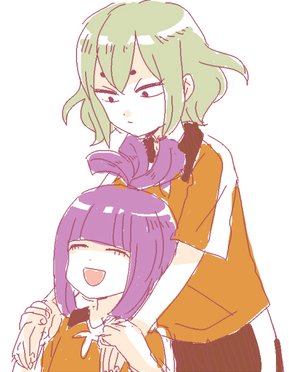 2boys, arino_omi, closed_eyes, furou_akisada, hidaring, inazuma_eleven_(series), inazuma_eleven_go, male, multiple_boys, open_mouth, purple_hair, seidouzan, soccer_uniform, sportswear, white_background