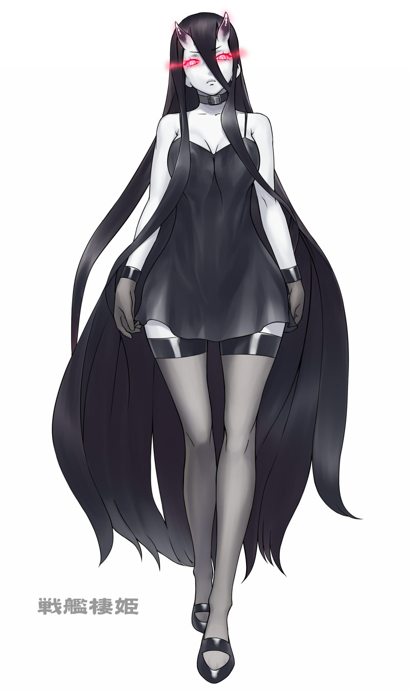 1girl, battleship-symbiotic_hime, black_hair, breasts, character_name, cleavage, gloves, glowing, glowing_eyes, highres, horns, kantai_collection, long_hair, looking_at_viewer, oni_horns, pale_skin, personification, red_eyes, shinkaisei-kan, solo, thighhighs, wata_do_chinkuru, white_background