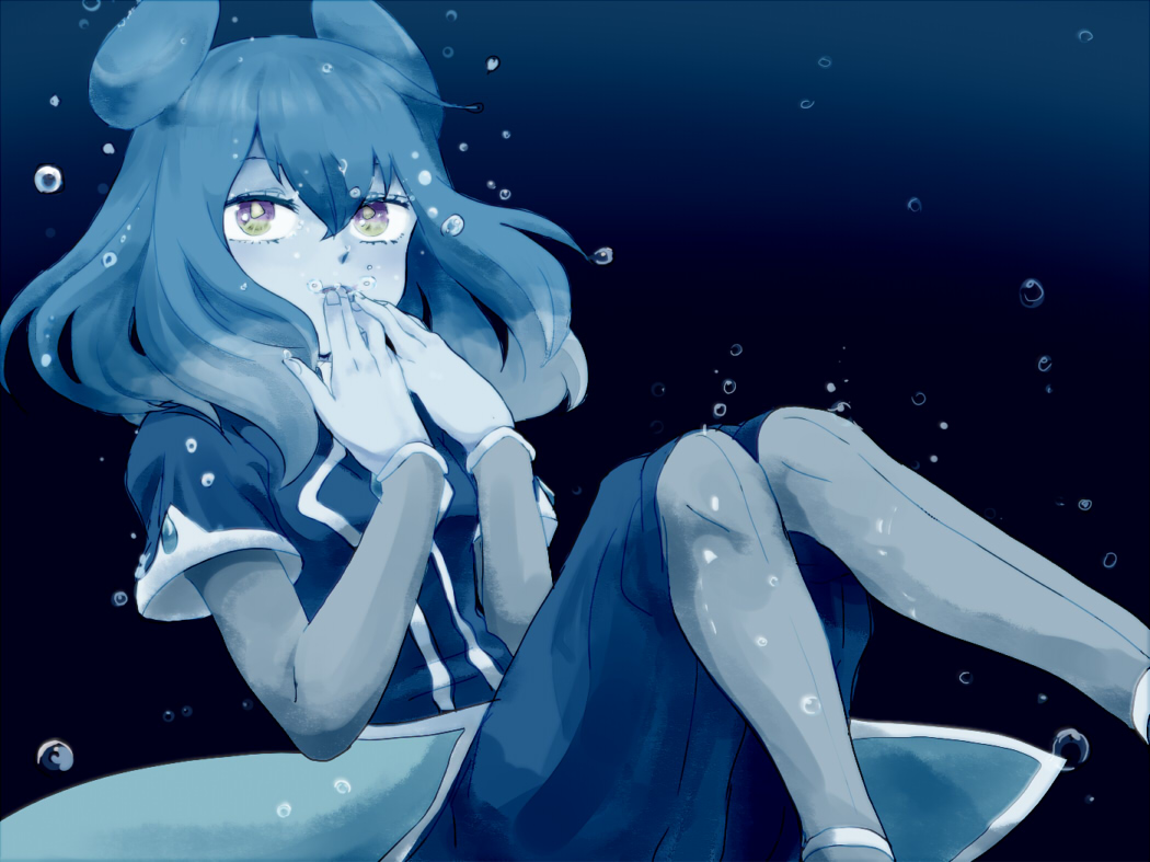 1girl, animal_ears, blue_hair, blue_skin, bubble, hand_to_own_mouth, hidaring, inazuma_eleven_(series)