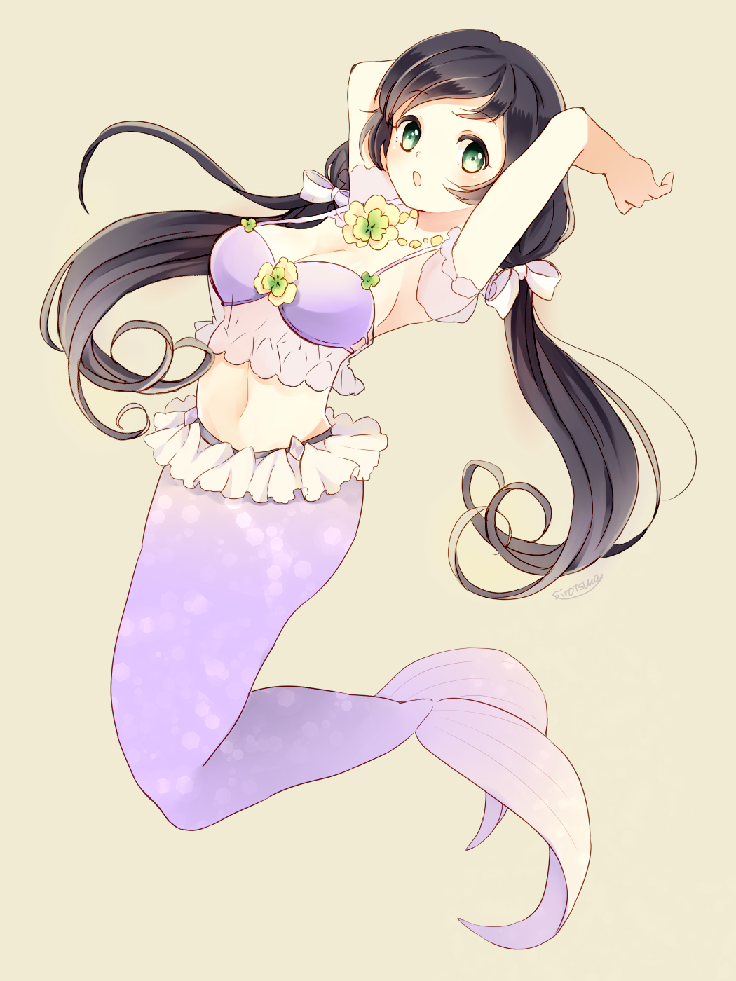 1girl, :o, bikini_top, black_hair, blush, flower, full_body, green_eyes, highres, long_hair, love_live!_school_idol_project, mermaid, monster_girl, navel, open_mouth, shirotsuna, simple_background, solo, toujou_nozomi, twintails