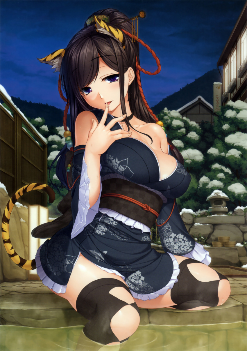 1girl, :p, absurdres, animal_ears, black_hair, black_legwear, breasts, choker, cleavage, doujinshi, finger_to_mouth, frills, hair_ornament, hair_stick, half_updo, harem_gain, highres, hitou_no_kaga, japanese_clothes, kimono, kimono_skirt, kirin_kakeru, large_breasts, lolita_fashion, long_hair, looking_at_viewer, obi, off_shoulder, onsen, sash, scan, sitting, sky, solo, steam, tail, thigh-highs, tiger_ears, tiger_tail, tongue, violet_eyes, wa_lolita