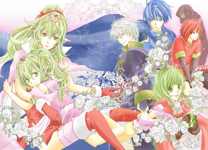 3girls, 4boys, bantu, blue_eyes, blue_hair, braid, bridal_gauntlets, cape, cheine, chiki, crystal, dress, dual_persona, fire_emblem, fire_emblem:_kakusei, fire_emblem:_mystery_of_the_emblem, flower, garter_straps, gloves, green_eyes, green_hair, hair_ornament, hair_ribbon, headband, highres, hood, hug, long_hair, looking_at_viewer, marth, multiple_boys, multiple_girls, my_unit, nn_(fire_emblem), older, pink_legwear, pointy_ears, ponytail, red_dress, red_eyes, red_gloves, red_legwear, redhead, ribbon, robe, shi_(aoiyuno), short_dress, thigh-highs, time_paradox, twin_braids