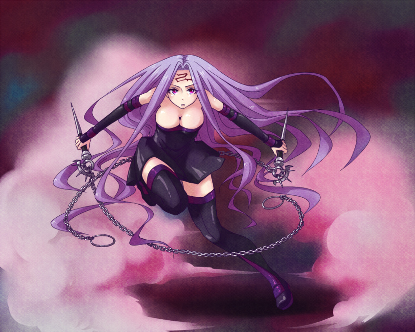 1girl, breasts, bridal_gauntlets, chain, cleavage, facial_mark, fate/stay_night, fate_(series)