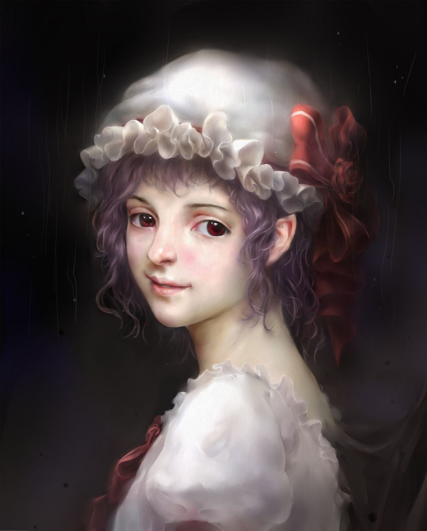 1girl, ascot, bat_wings, bow, curly_hair, dark, derivative_work, dress