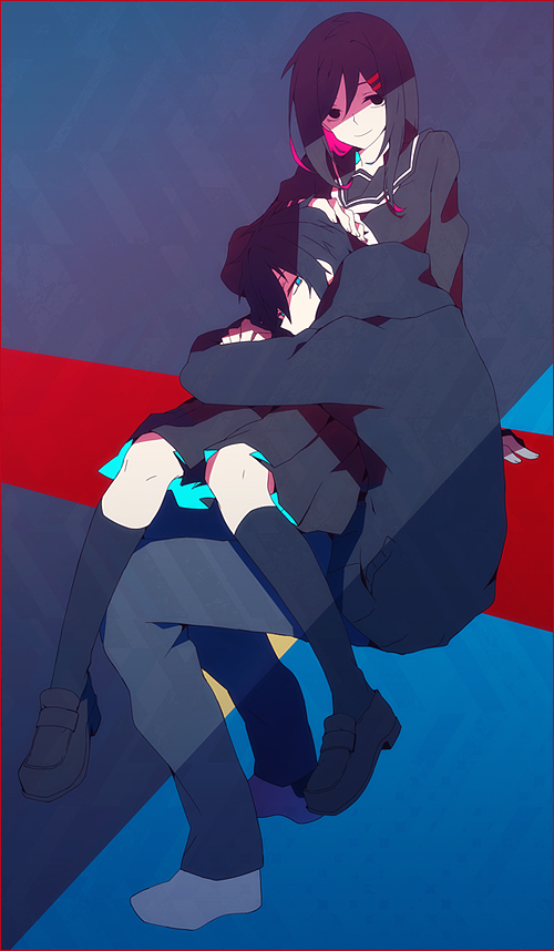 1boy, 1girl, black_eyes, black_hair, blue_eyes, hair_ornament, hairclip, hari_(tottchiya)