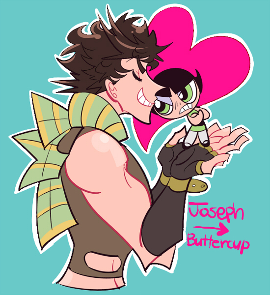 1boy, 1girl, black_hair, brown_hair, buttercup_(ppg), cheek_kiss, crossover, green_eyes