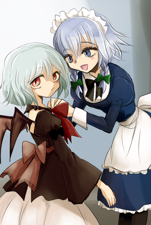 2girls, alternate_costume, bat_wings, black_clothes, black_legwear, blue_dress, blue_eyes, dress