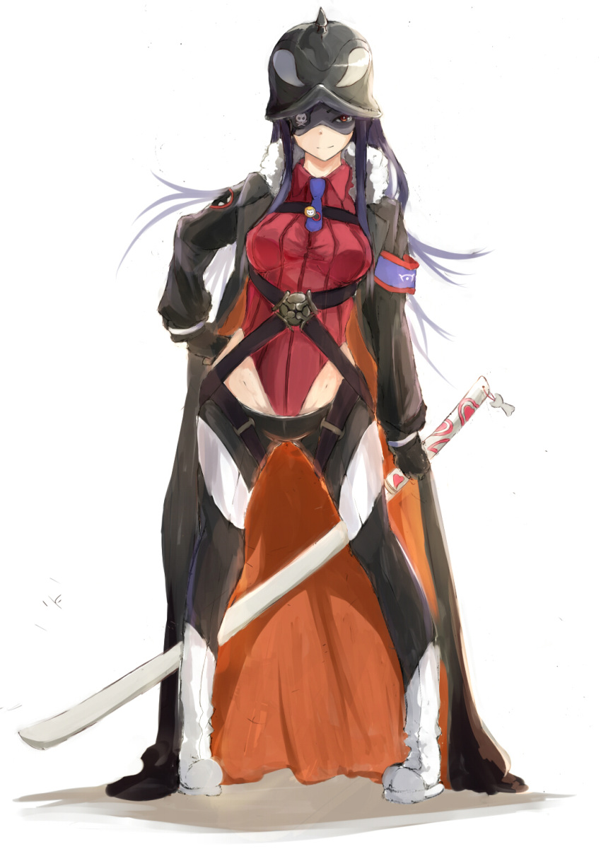 1girl, belt, black_hair, breasts, coat, eyepatch, fur_trim, gloves