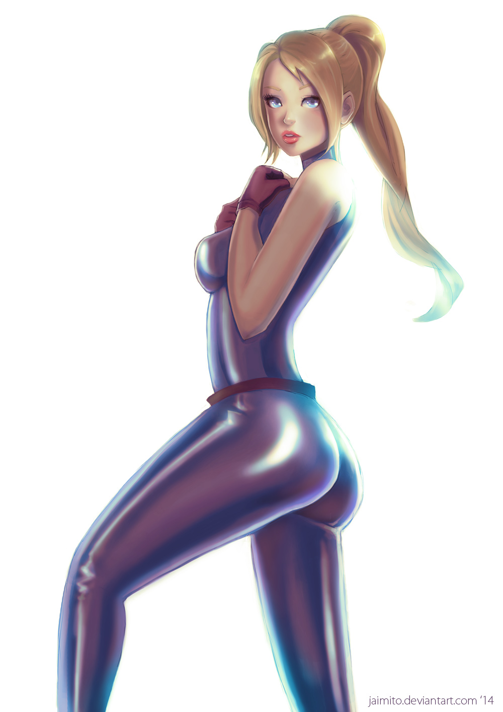 1girl, ass, bare_shoulders, belt, blonde_hair, blue_eyes, bodysuit, breasts
