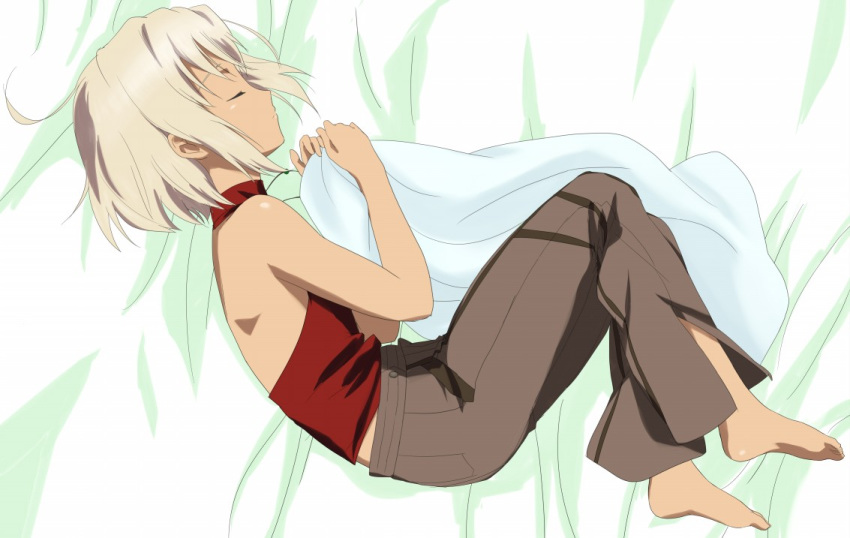 bare_shoulders, barefoot, blonde_hair, canaan, canaan_(character), closed_eyes, feet, komatsu_(sakanae)