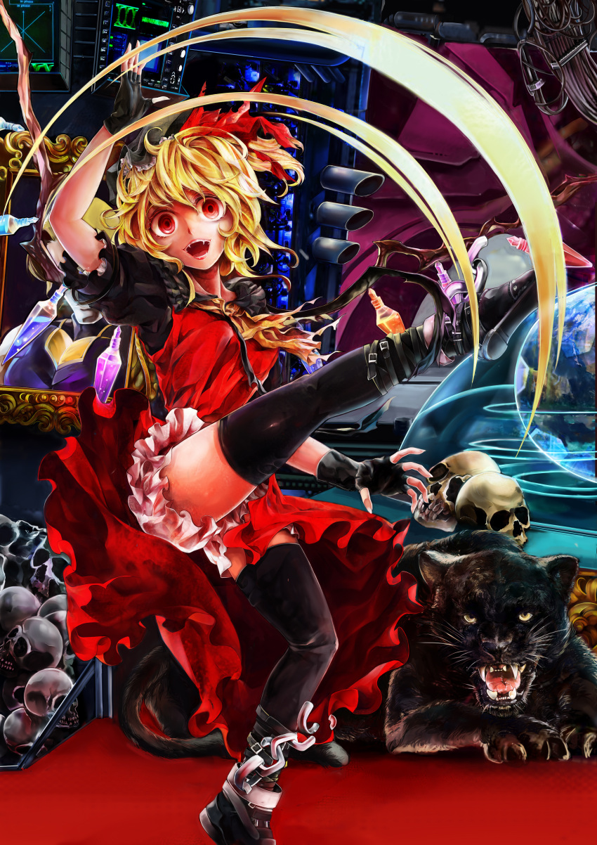 1girl, absurdres, adapted_costume, ascot, black_gloves, black_hat, black_legwear, blonde_hair