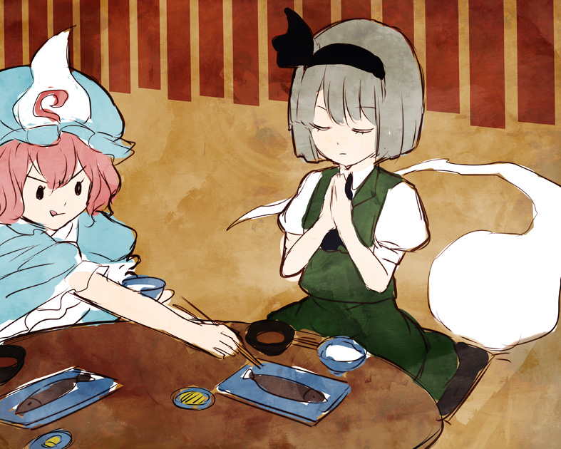 2girls, closed_eyes, eating, food, hairband, hat, hitodama, konpaku_youmu