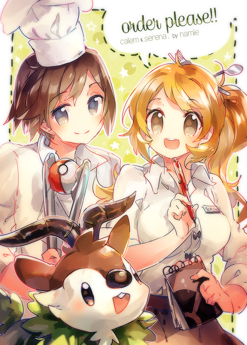 1boy, 1girl, :d, blonde_hair, brown_eyes, brown_hair, calme_(pokemon), chef