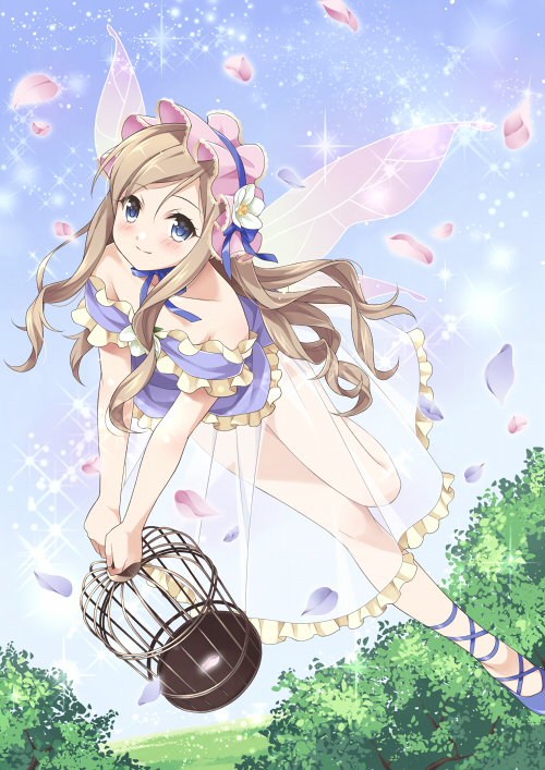1girl, bare_shoulders, blue_eyes, blush, brown_hair, cage, cross-laced_footwear, dress