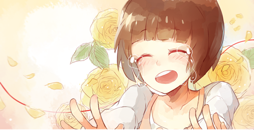 1girl, blush, bob_cut, brown_hair, casual, commentary, crying, flower