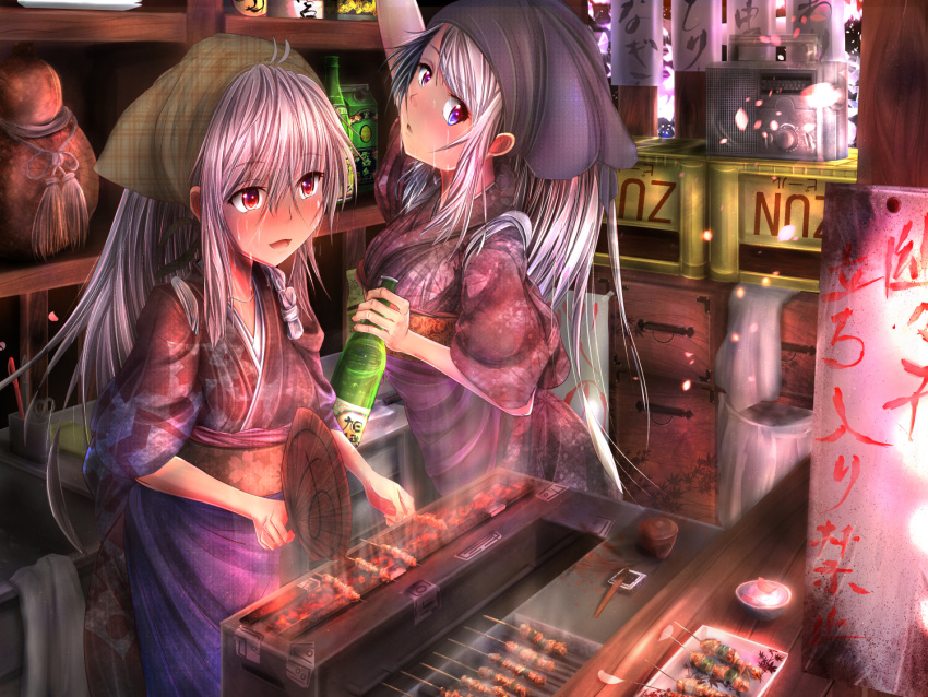 2girls, alternate_costume, alternate_hairstyle, apron, bandaid, beer_crate, blue_eyes, blue_hair, cooking, eel, fan, food, food_stand, fujiwara_no_mokou, hot, japanese_clothes, kamishirasawa_keine, kimono, liquor, long_hair, looking_over_shoulder, multiple_girls, paper_fan, plate, pops, radio, red_eyes, shelf, soy_sauce, steam, sweat, sweating, tagme, tasuki, touhou, traditional_clothes, trash_can, uchiwa, white_hair, window