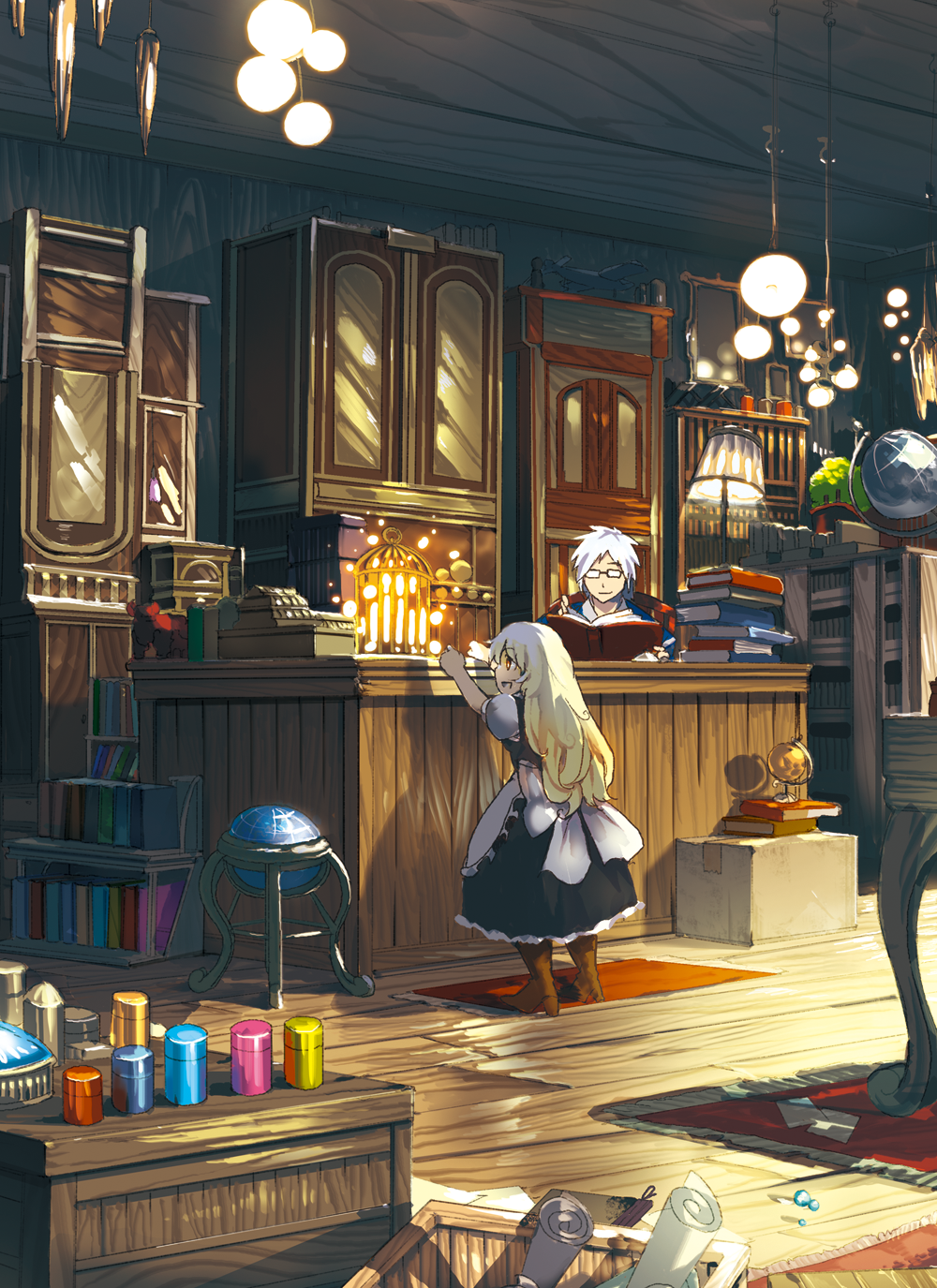 1boy, 1girl, airplane, apron, birdcage, black_dress, blonde_hair, book