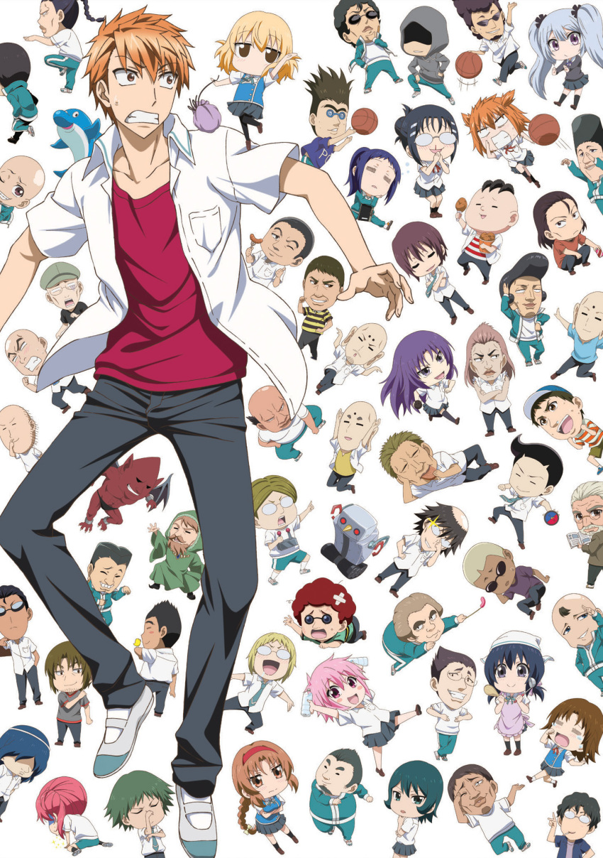 6+boys, 6+girls, apron, bag, bald, balding, bandages, basketball