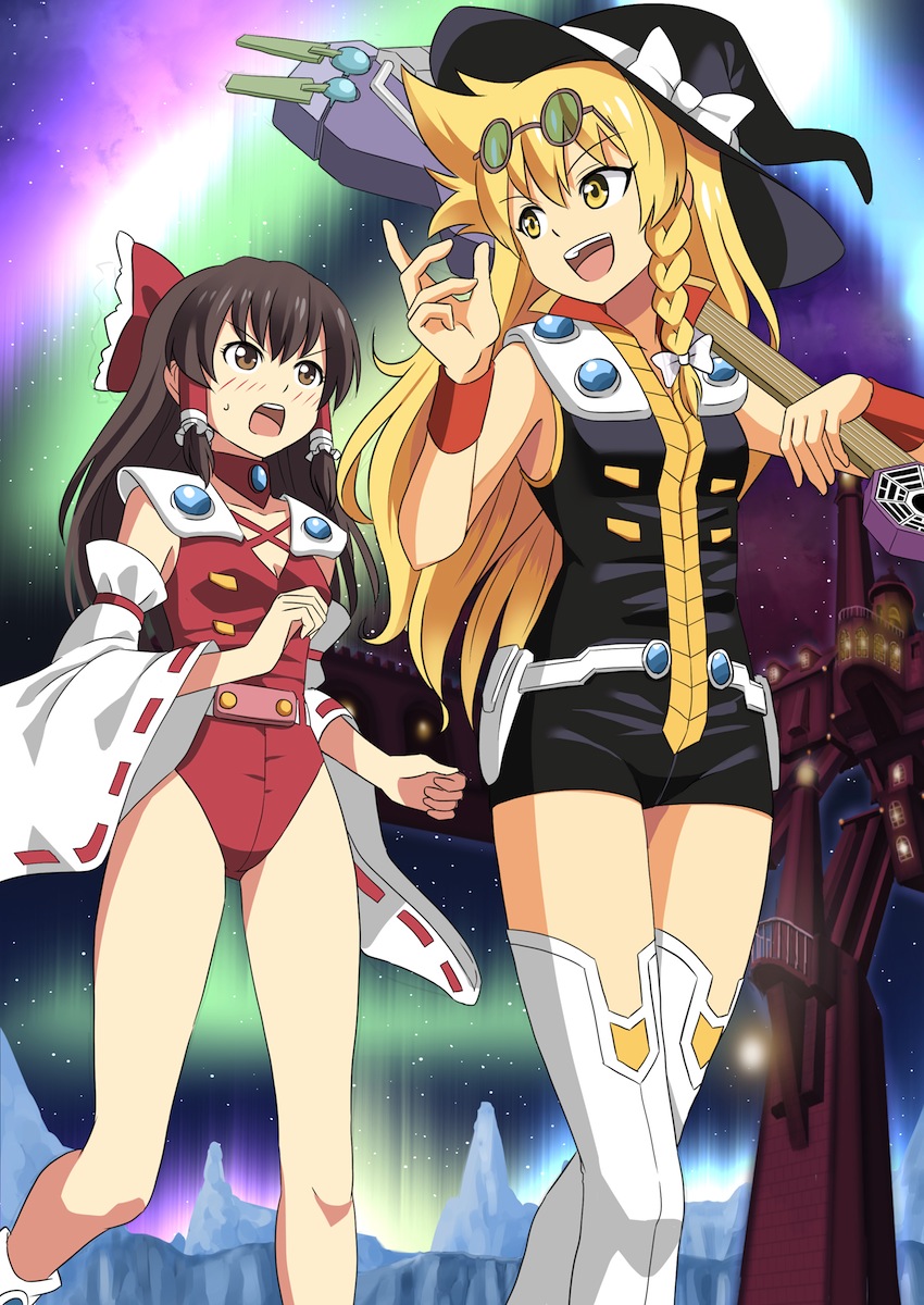 2girls, :d, adapted_costume, album_cover, alternate_costume, aurora, bike_shorts, blonde_hair, blush, bow, braid, brown_hair, cosplay, cover, d:<, detached_sleeves, electric_guitar, glacier, glasses, guitar, hair_bow, hair_tubes, hakurei_reimu, hat, highres, ice, instrument, kirisame_marisa, long_hair, macross, macross_7, mini-hakkero, multiple_girls, mylene_jenius, mylene_jenius_(cosplay), nekki_basara, nekki_basara_(cosplay), open_mouth, parody, ribbon, scarlet_devil_mansion, shoulder_pads, sky, smile, star_(sky), starry_sky, taishi_(moriverine), thighhighs, touhou, witch_hat, yellow_eyes