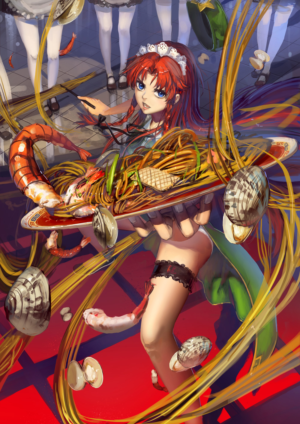 6+girls, apron, blue_eyes, braid, carpet, ceramics, chopsticks, eyelashes