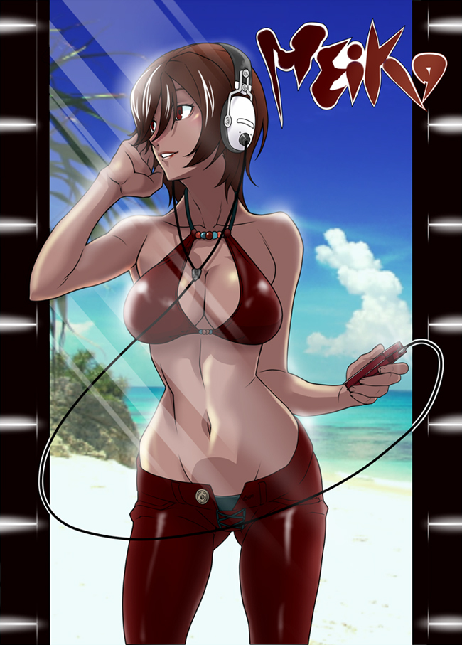 bikini_top, breasts, brown_eyes, brown_hair, cleavage, cloud, film, film_strip