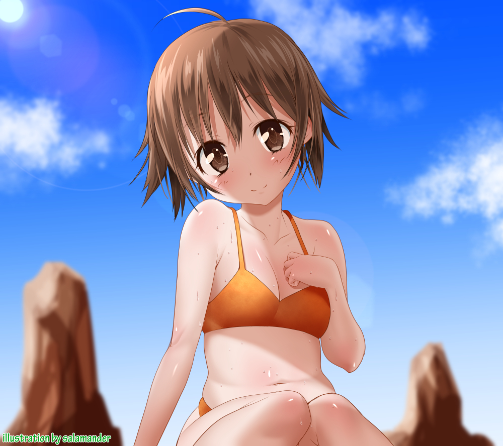 1girl, alternate_costume, artist_name, bikini, brown_hair, kantai_collection, navel, orange_bikini