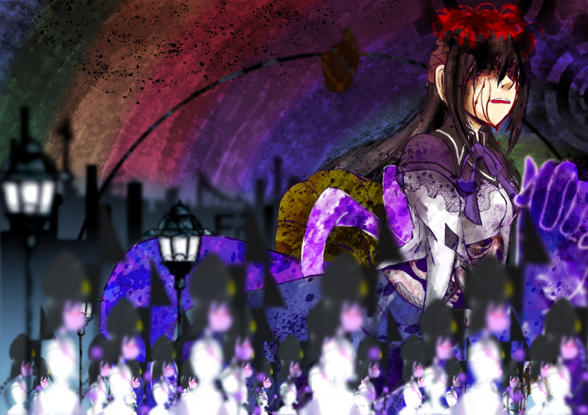 1girl, akemi_homura, black_hair, bleeding, blood, blood_on_face, braid, dress