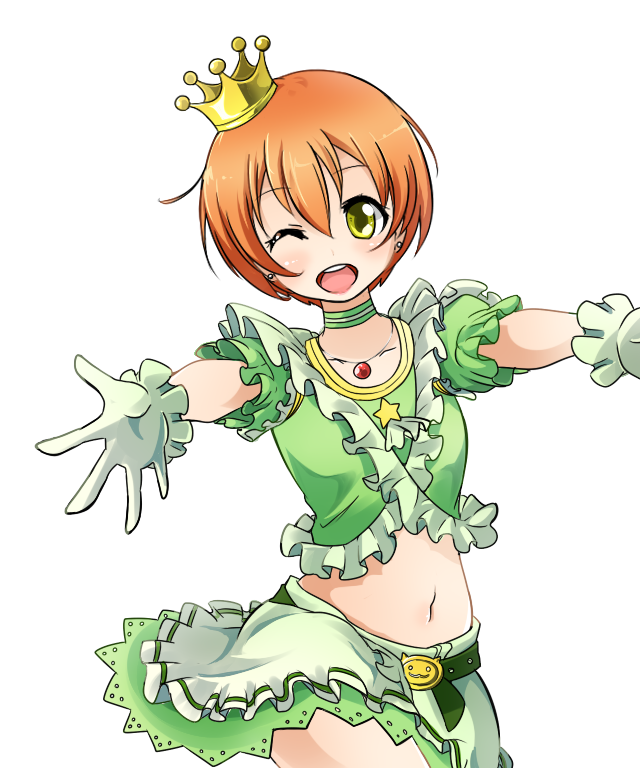 1girl, ;d, baachamu, belt, choker, collarbone, crown, earrings