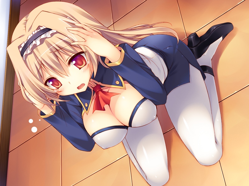 1girl, 2-g, blonde_hair, breasts, dutch_angle, game_cg, kneeling, long_hair