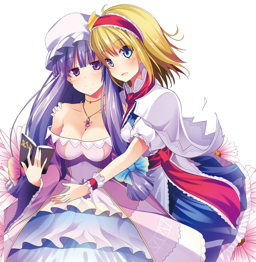 2girls, alice_margatroid, alternate_costume, blonde_hair, blue_dress, blue_eyes, book, breasts, capelet, cleavage, collarbone, crescent, dress, hair_ribbon, hairband, hand_on_shoulder, hat, jewelry, large_breasts, layered_dress, long_hair, masa_(miyabitei), multiple_girls, necklace, patchouli_knowledge, pendant, purple_dress, purple_hair, ribbon, simple_background, smile, strapless_dress, touhou, tress_ribbon, very_long_hair, violet_eyes, white_background, wrist_cuffs