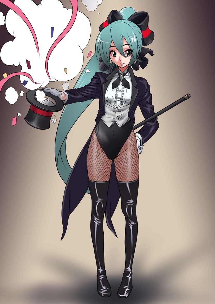 aqua_eyes, aqua_hair, boots, coat, fishnet_pantyhose, fishnets, hair_ribbon, hat