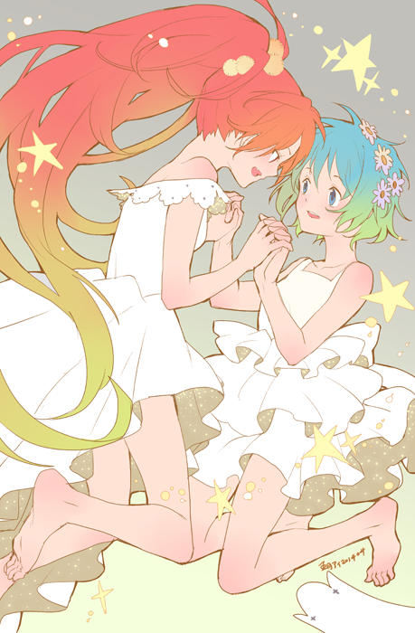 2girls, alternate_costume, barefoot, blue_eyes, blue_hair, dress, eye_contact, flower