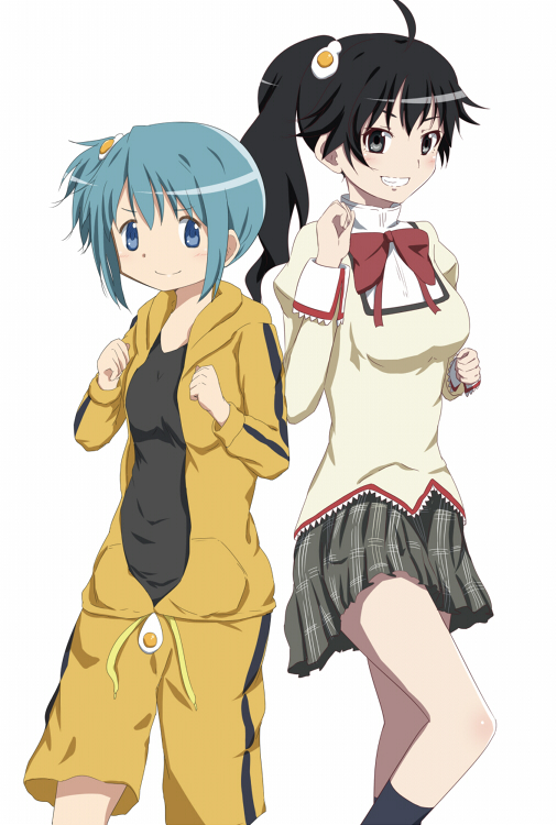 2girls, ahoge, araragi_karen, araragi_karen_(cosplay), bakemonogatari, black_hair, blue_eyes, blue_hair