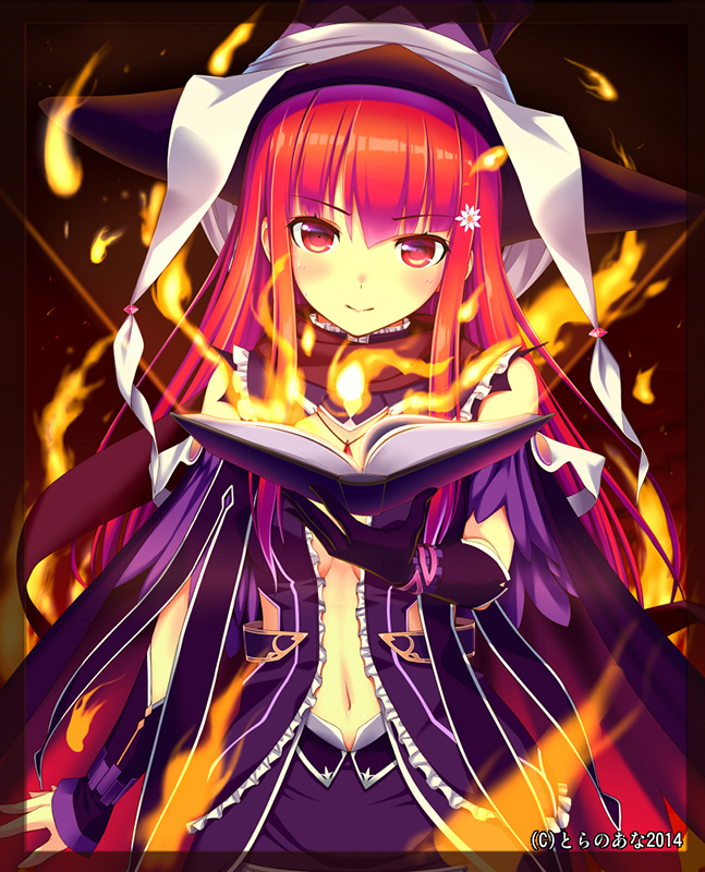 1girl, blush, book, fire, harem_gain, hat, long_hair, looking_at_viewer, magic, navel, nomura_teruya, official_art, red_eyes, redhead, solo, witch_hat