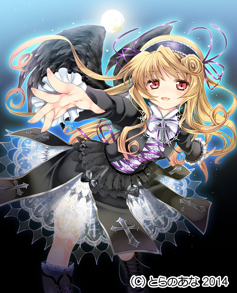 1girl, black_wings, blonde_hair, blush, feathered_wings, full_moon, harem_gain, kurosawa_kiyotaka