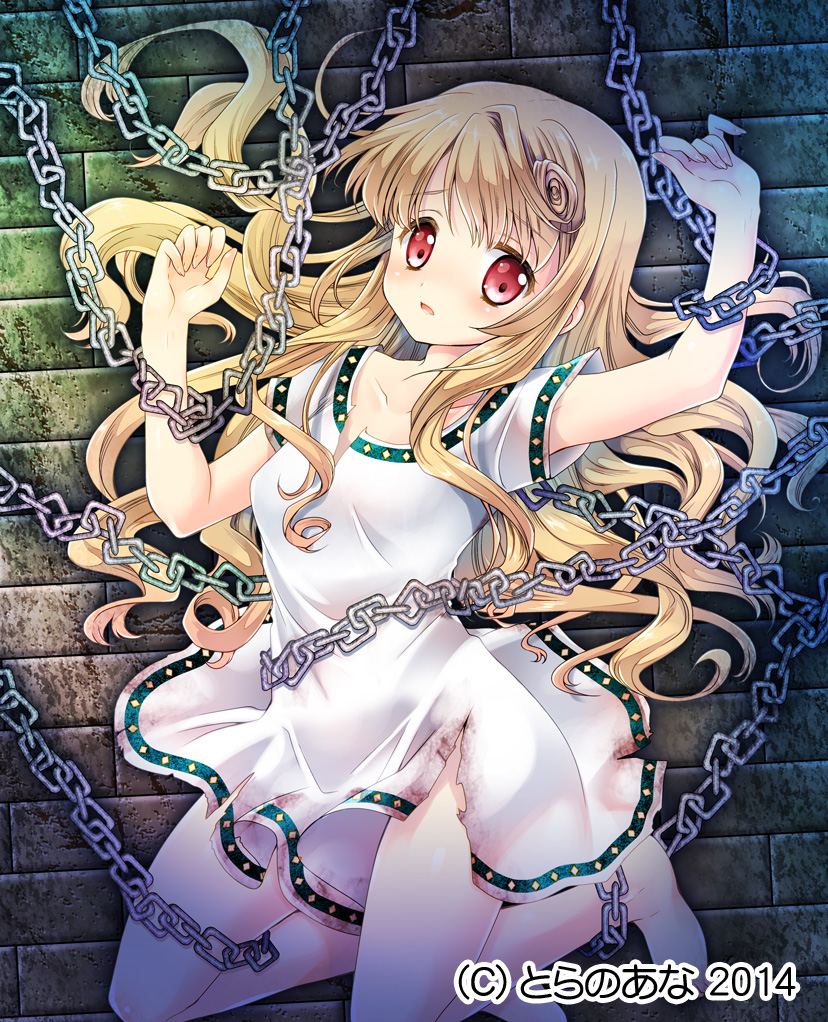 1girl, blonde_hair, blush, chain, dress, harem_gain, kurosawa_kiyotaka, long_hair