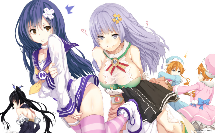 bare_shoulders, black_hair, blush, breasts, brown_eyes, choujigen_game_neptune, choujigen_game_neptune_mk2, cleavage, cosplay, creator_connection, crossdressinging, date_a_live, hair_ornament, hews_hack, itsuka_shidou, itsuka_shiori, izayoi_miku, long_hair, multiple_girls, nepgear, nepgear_(cosplay), noire, noire_(cosplay), purple_hair, ram_(choujigen_game_neptune), ram_(choujigen_game_neptune)_(cosplay), rom_(choujigen_game_neptune), rom_(choujigen_game_neptune)_(cosplay), smile, striped, striped_legwear, thighhighs, tokisaki_kurumi, trap, twintails, vert, vert_(cosplay), violet_eyes, yamai_kaguya, yamai_yuzuru