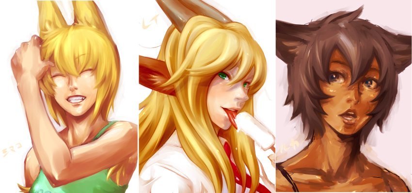 3girls, animal_ears, armpit_hair, blonde_hair, brown_eyes, brown_hair, closed_eyes, fukiishi_iruma
