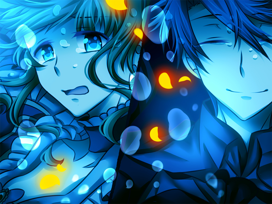 1boy, 1girl, beatrice, blue, blue_eyes, choker, closed_eyes, momofukki