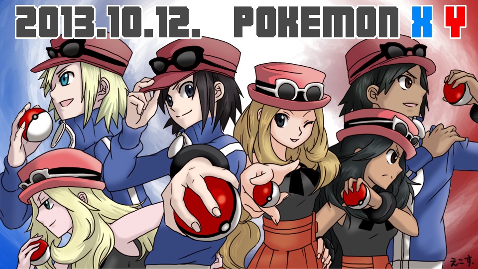 3boys, 3girls, alternate_eye_color, alternate_hair_color, black_hair, blonde_hair, blue_eyes, brown_eyes, calme_(pokemon), dark_skin, ecosu999, grey_eyes, hat, jacket, light_brown_hair, long_hair, multiple_boys, multiple_girls, open_mouth, pleated_skirt, poke_ball, pokemon, pokemon_(game), pokemon_xy, serena_(pokemon), skirt, sleeveless, smile, sunglasses, sunglasses_on_head